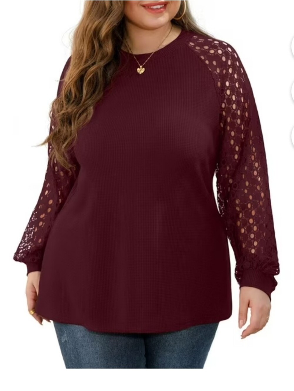 Miholl Women's Eyelet Lace Sleeve Ribbed Knit Henley Burgundy Red Elevated Sz 2X
